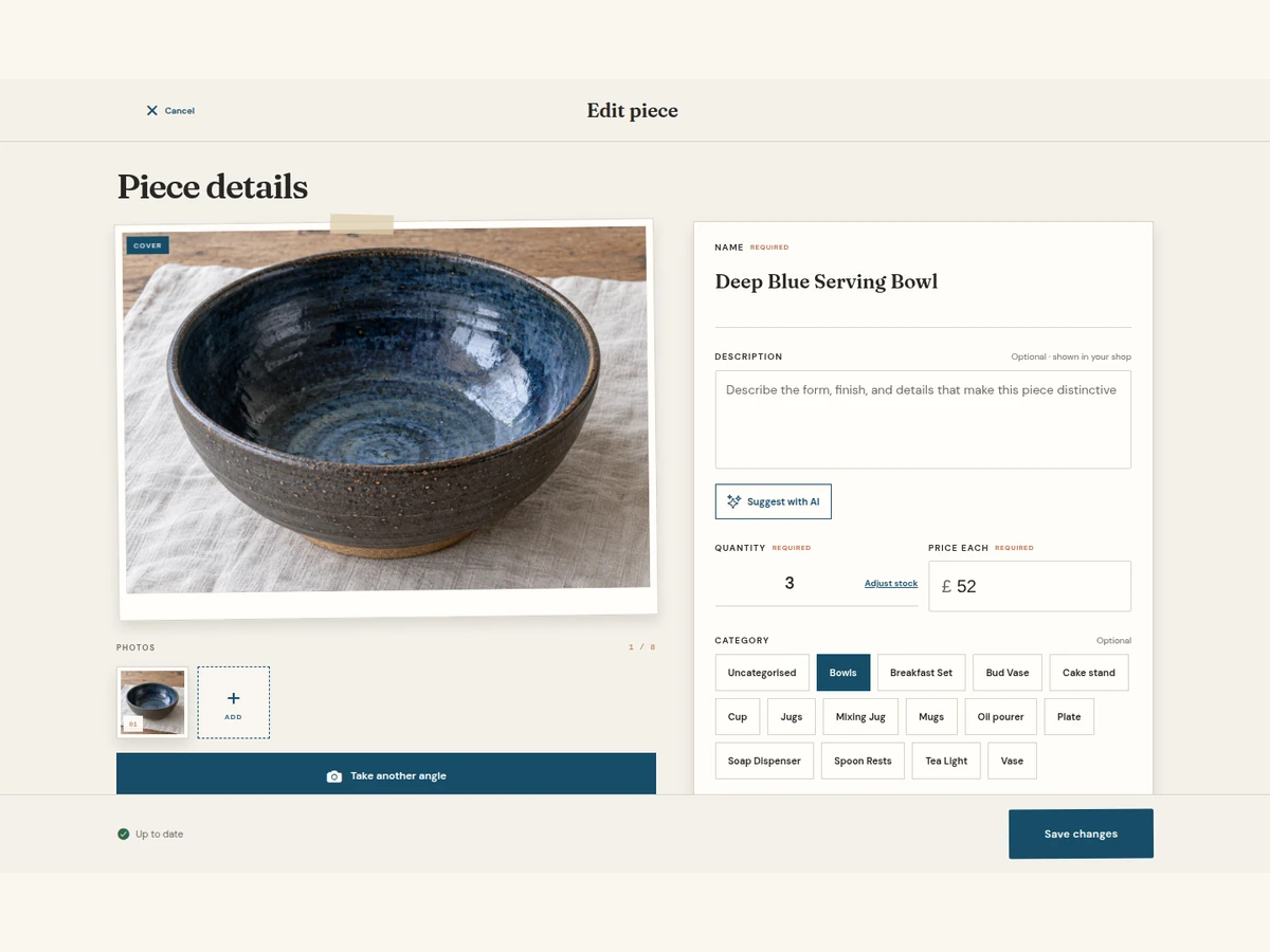 Piece editor with photo-library controls, a bowl name, quantity and price per piece.